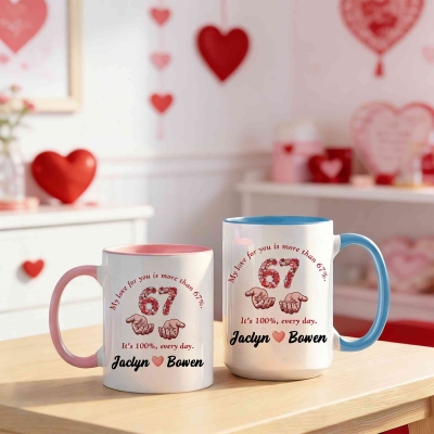 Custom Names More Than 67% Love Couple's Mug, 11oz/15oz Two Tone Ceramic Coffee Mug with Coaster, Anniversary/Valentine's Day Gift for Her/Him/Couples