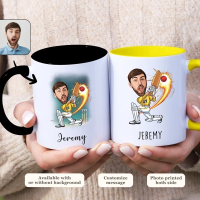 Personalized Name & Face Photo Caricature Cricket Player Mug, 11oz/15oz Two Tone Ceramic Coffee Mug, Birthday/Anniversary Gift for Cricket Lovers