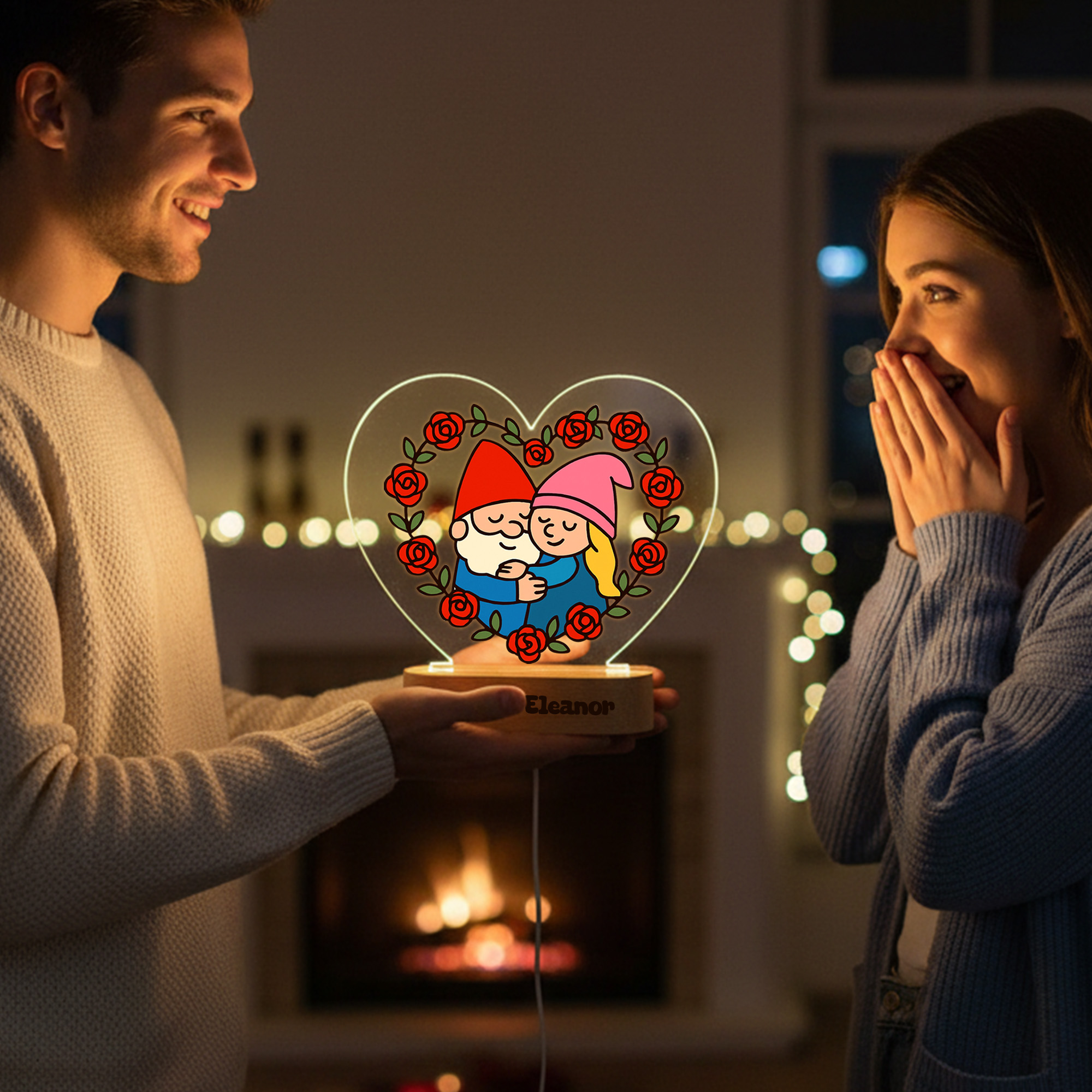 Custom Names Cartoon Dwarf Couple LED Night Light, Acrylic Heart Night Lamp with Wooden Base, Anniversary/Valentine's Day Gift for Her/Him/Couples