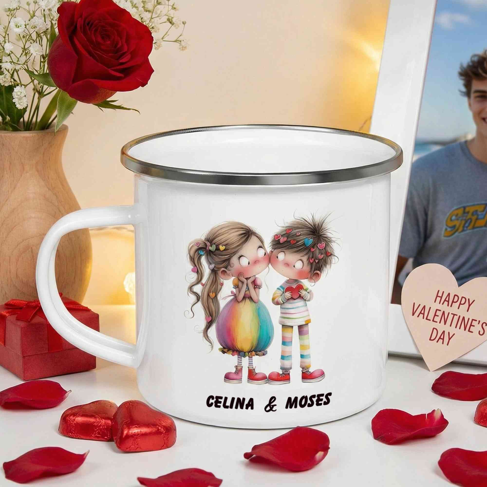 Custom Names Quirky Cartoon Couple Enamel Mug, 12oz Tin Camping Mug with Handle, Class Exchange Party Favor, Valentine's Day Gift for Couple/Kids