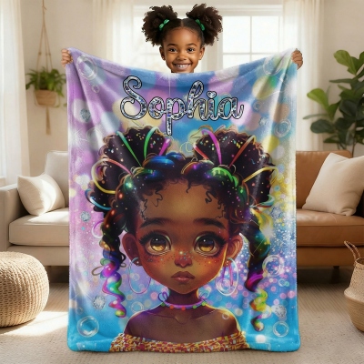 Personalized Glitter Rainbow Afro Girl Blanket with Name, Flannel/Sherpa Throw for Bed Couch, Home Decor, Back to School/Birthday Gift for Girls/Kids