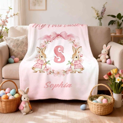 Personalized Name Peter Rabbit Bow Wreath Alphabet Blanket, Flannel/Sherpa Throw for Bed Couch, Home Decor, Birthday/Easter Gift for Newborns/Kids