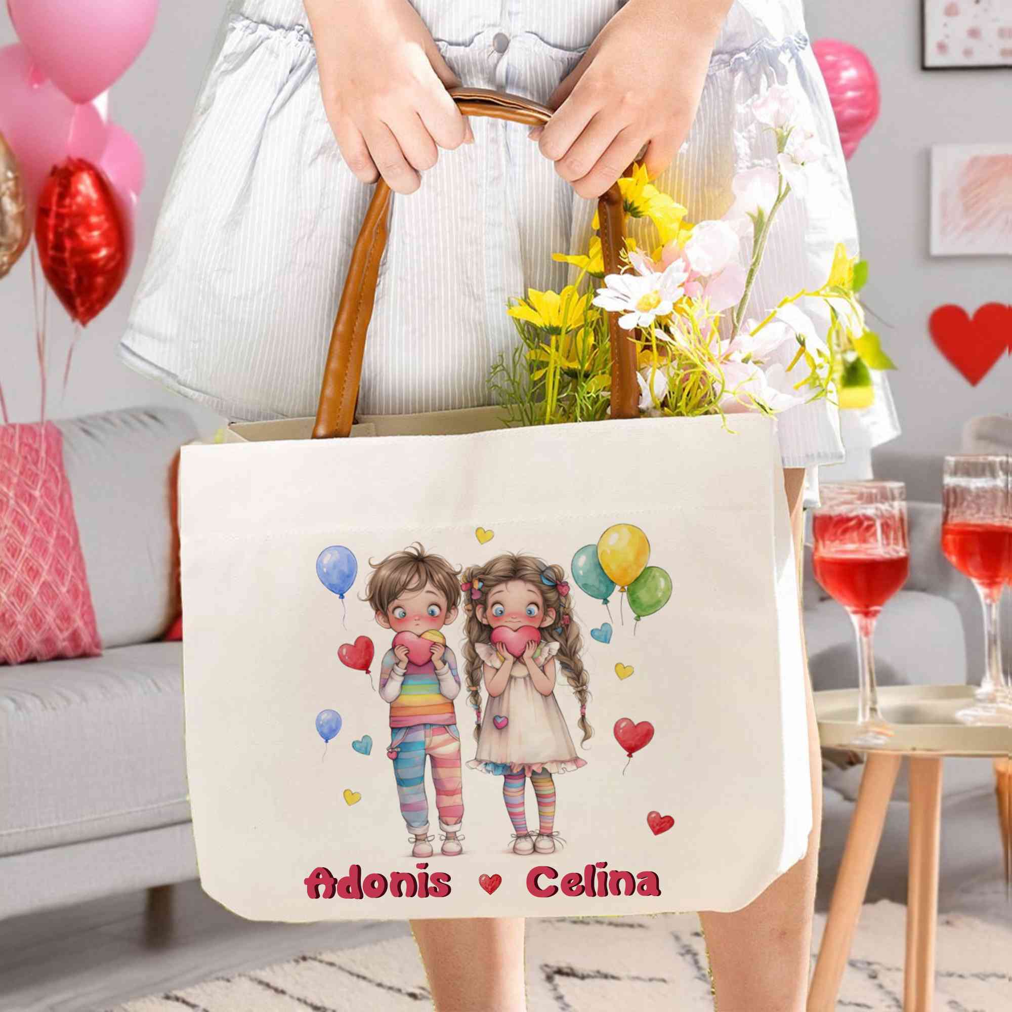 Custom Names Quirky Cartoon Couple Tote Bag, Large Capacity Canvas Handbag with Leather Handles, Anniversary/Valentine's Day Gift for Her/Girlfriend