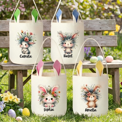 Custom Name Quirky Floral Bunny Easter Basket, Cotton Linen Easter Bucket Bag with Bunny Ears, Easter Party Favor, Easter Gift for Kids/Boys/Girls