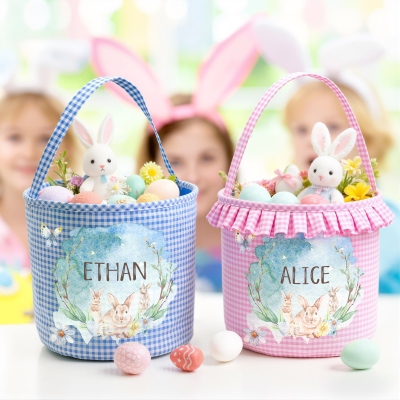 Custom Name Watercolor Bunnies Gingham Easter Basket with Ruffle, Multicolor Easter Treat Bag, Easter Party Favor, Easter Gift for Kids/Boys/Girls
