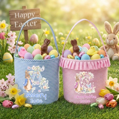 Custom Name Peter Rabbit Floral Alphabet Gingham Easter Basket with Ruffle, Multicolor Easter Treat Bag, Easter Party Favor, Easter Gift for Kids