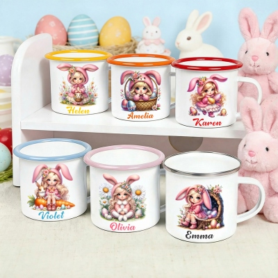Personalized Name Cartoon Bunny Girl Children's Enamel Mug, 12oz Cup with Handle, Tin Camping Mug, Easter Party Favor, Easter Gift for Kids/Boys/Girls