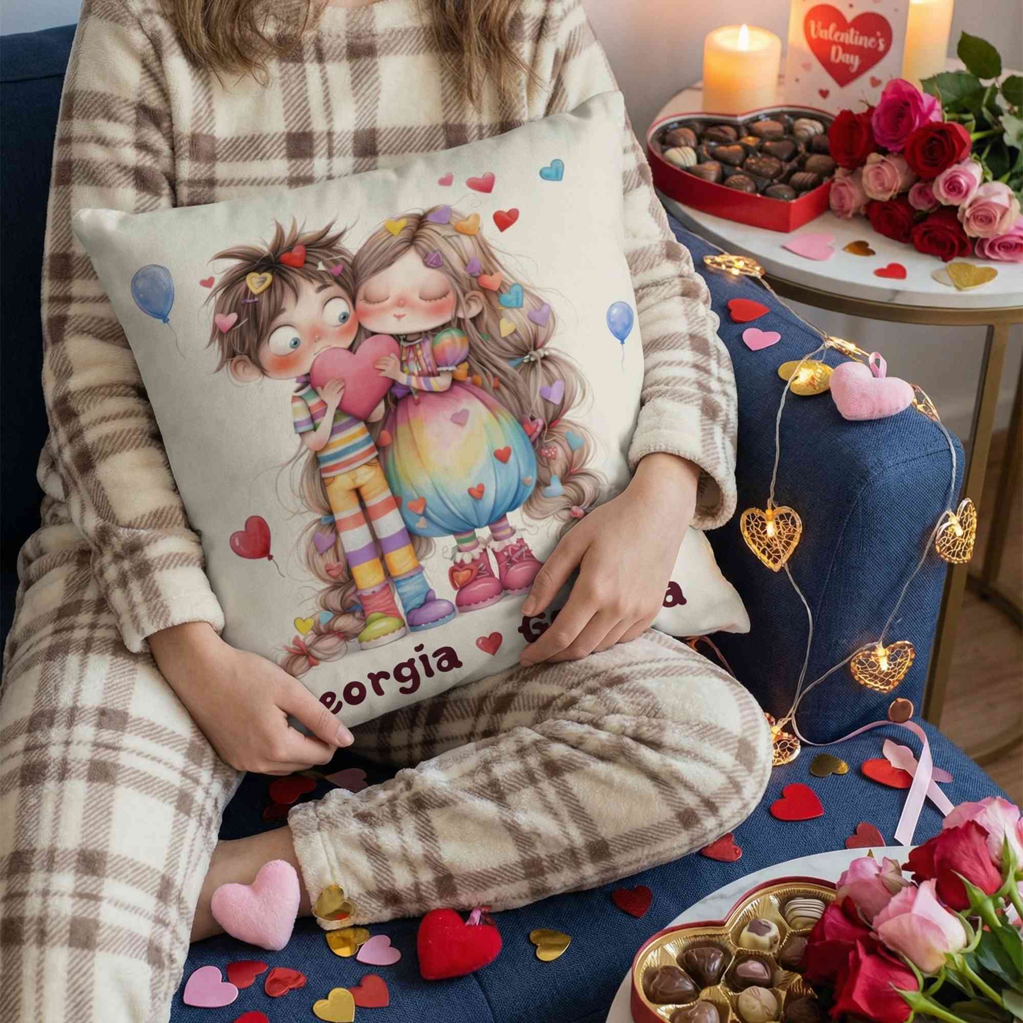 Personalized Names Quirky Cartoon Couple Throw Pillow Cover, Pillowcase with Optional Insert, Anniversary/Valentine's Day Gift for Her/Him/Couples