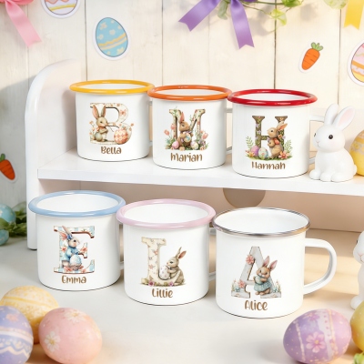 Personalized Name Bunny & Floral Wooden Alphabet Easter Enamel Mug, 12oz Cup with Handle, Tin Camping Mug, Easter Party Favor, Easter Gift for Kids