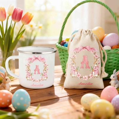 Custom Name Peter Rabbit Bow Wreath Alphabet Easter Enamel Mug & Storage Bag Set, 12oz Tin Camping Mug & Canvas Drawstring Bag, Easter Gift for Kids