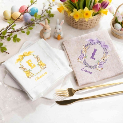 Custom Name Peter Rabbit Bow Wreath Alphabet Linen Napkin, Easter Party Dinner Napkin, Easter Table Decor, Housewarming/Easter Gift for Hostess/Family
