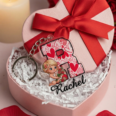 Personalized Valentine's Angel Alphabet Keychain with Name, Acrylic Keyring, Backpack Accessory, Anniversary/Valentine's Day Gift for Her/Him/Couple