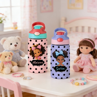 Custom Name Polka Dots Cartoon Black Girl Water Bottle, 12oz/16oz Tumbler with Straw & Lid, Back to School/Birthday Gift for African American Girls