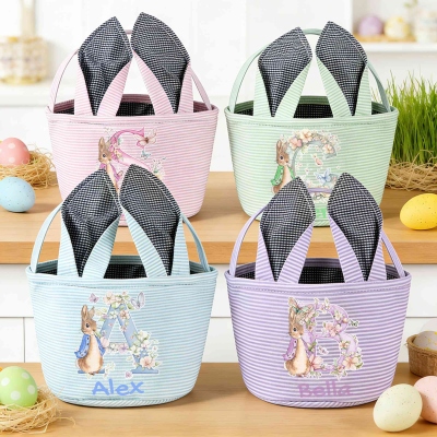 Custom Name Peter Rabbit Floral Alphabet Easter Basket with Bunny Ears, Easter Egg Hunt Basket, Seersucker Easter Goodie Bag, Easter Gift for Kids