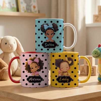 Personalized Name Polka Dots Cartoon Black Girl Mug, 11oz/15oz Two Tone Ceramic Coffee Mug with Coaster, Birthday Gift for African American Girls