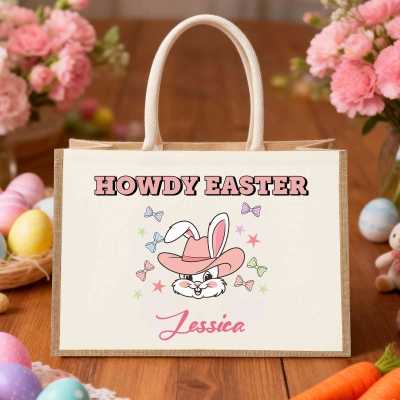 Personalized Howdy Easter Bunny Burlap Tote Bag with Name, Large Capacity Jute Egg Hunt Bag, Easter Party Favor, Easter Gift for Kids/Boys/Girls/Women