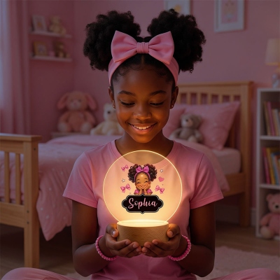 Custom Name Polka Dots Cartoon Black Little Girl LED Night Light, Acrylic Night Lamp with Wooden Base, Birthday Gift for African American Girls