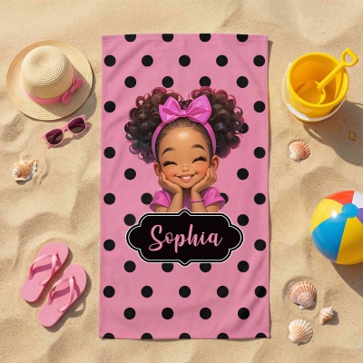 Custom Name Polka Dots Cartoon Black Little Girl Beach Towel, Quick Dry Microfiber Bath Towel, Beach/Pool Party Favor, Gift for African American Girls