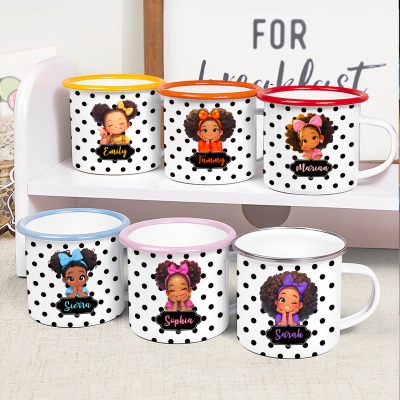 Personalized Name Polka Dots Cartoon Black Little Girl Enamel Mug, 12oz Cup with Handle, Tin Camping Mug, Birthday Gift for African American Girls