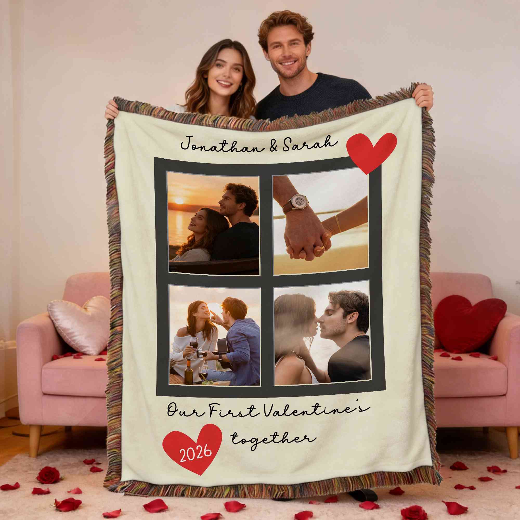 Personalized Names Couple's Photo Grid Blanket with Tassels, Custom 4 Photos Throw for Bed Couch, Anniversary/Valentine's Day Gift for Her/Him/Couple