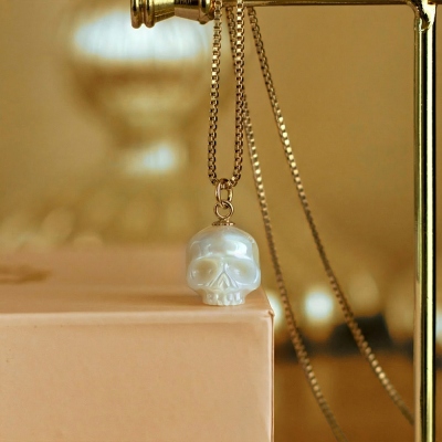 Pearl Skull Necklace, Sterling Silver 925 Skull Necklace, Gothic Jewelry, White Pearl Skeleton Pendant, Gift for Girl/Men/Friends