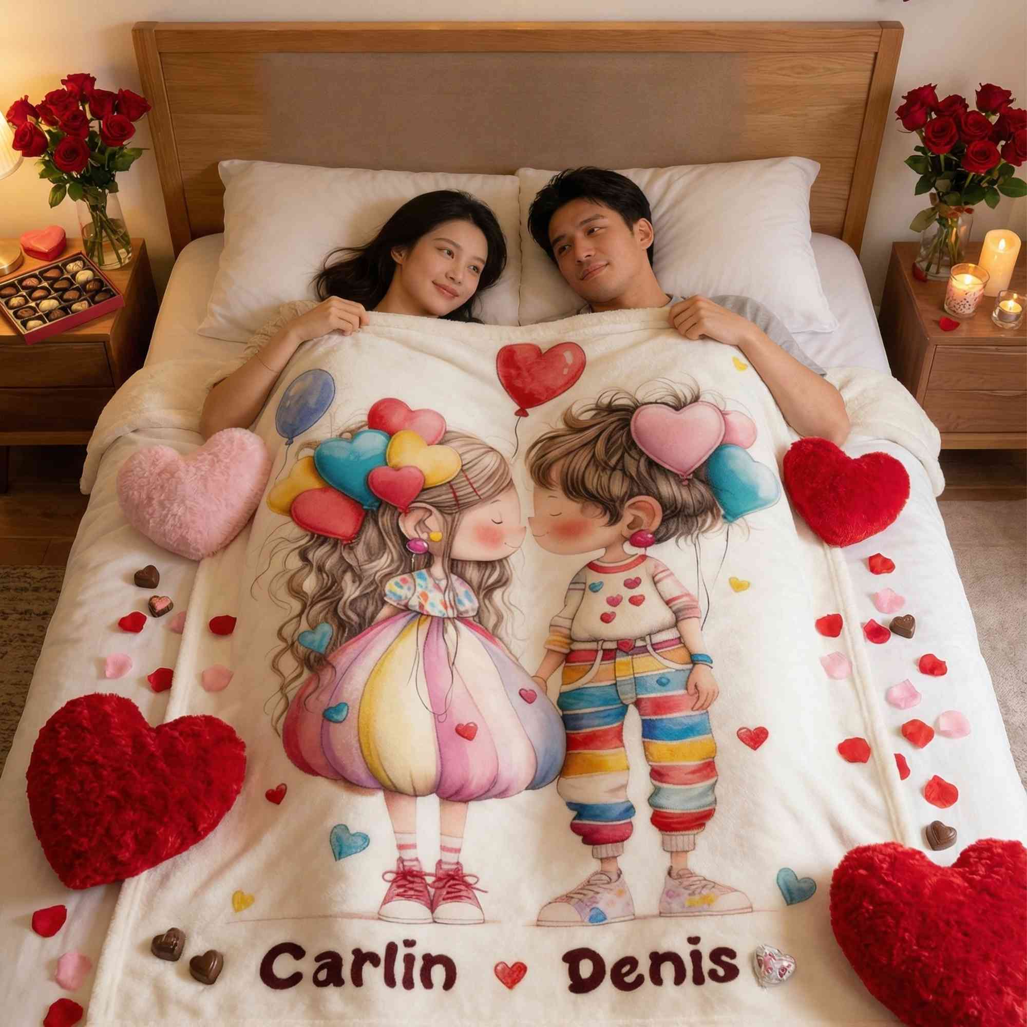 Personalized Quirky Cartoon Couple Blanket with Names, Flannel/Sherpa Throw for Bed Couch, Anniversary/Valentine's Day Gift for Her/Him/Couples