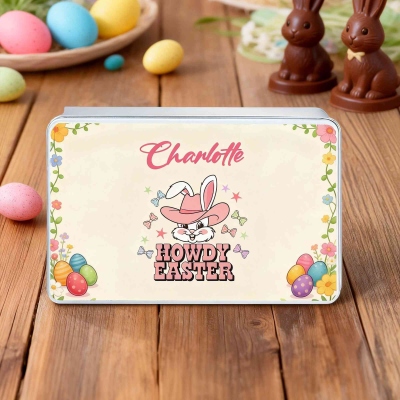 Personalized Name Howdy Easter Bunny Treat Tin with Lid, Biscuit Candy Box, Tinplate Container, Easter Party Favor, Easter Gift for Kids/Boys/Girls