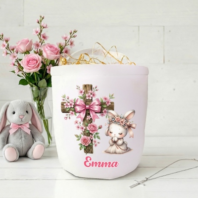 Personalized Name Floral Bow Cross & Player Bunny Easter Basket, Easter Egg Hunt Bucket Bag, Large Capacity Canvas Goodie Bag, Easter Gift for Kids