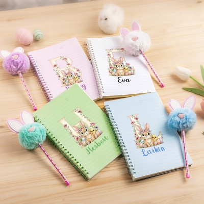 Personalized Name Bunny & Floral Alphabet Spiral Notebook with Pom Pom Pen, Easter Notebook & Pen Set, Easter Party Favor, Easter Gift for Kids