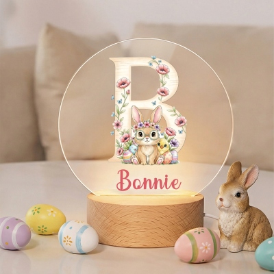 Custom Name Bunny & Floral Alphabet LED Night Light, Acrylic Night Lamp with Wooden Base, Nursery Home Decor, Birthday/Easter Gift for Kids/Boys/Girls