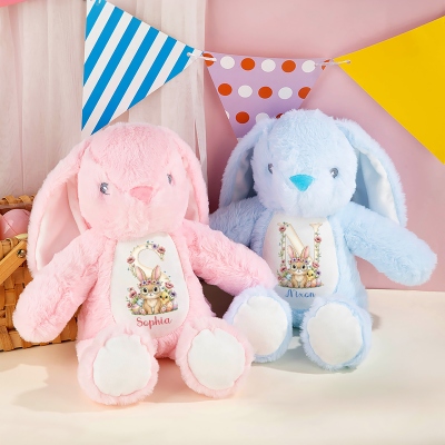 Personalized Name Rabbit & Floral Alphabet Design Bunny Doll Toy, Soft Plush Stuffed Rabbit, Easter Keepsake, Birthday/Easter Gift for Newborns/Kids