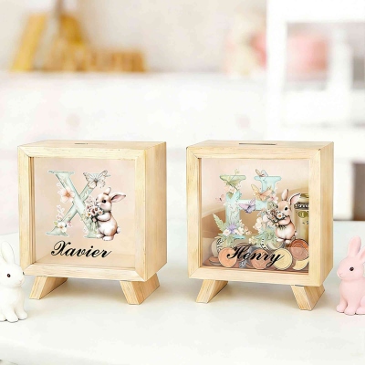 Personalized Floral Bunny Alphabet Piggy Bank with Name, Wooden Clear Window Money Box Saving Bank, Birthday/Easter Gift for Kids/Boys/Girls
