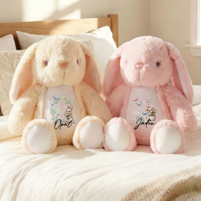 Personalized Name Floral Rabbit Alphabet Design Bunny Doll Toy, Soft Plush Stuffed Rabbit, Easter Keepsake, Birthday/Easter Gift for Newborns/Kids