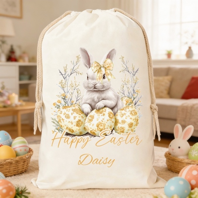 Personalized Name Toile de Jouy Floral Bow Bunny & Eggs Easter Treat Bag, Canvas Easter Egg Hunt Sack with Drawstring, Easter Gift for Kids/Boys/Girls