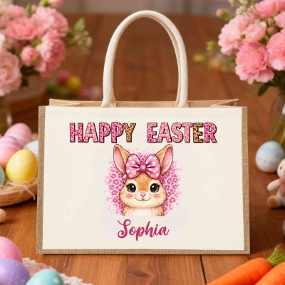 Personalized Name Leopard Cartoon Bunny Happy Easter Burlap Tote Bag, Large Capacity Jute Egg Hunt Bag, Easter Party Favor, Easter Gift for Kids/Women