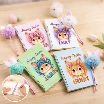 Personalized Name Leopard Cartoon Bunny Happy Easter Spiral Notebook with Pom Pom Pen, Notebook & Pen Set, Easter Party Favor, Easter Gift for Kids