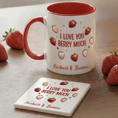 Custom Names I Love You Berry Much Couple Mug, 11oz/15oz Two Tone Ceramic Coffee Mug with Coaster, Anniversary/Valentine's Day Gift for Her/Him/Couple