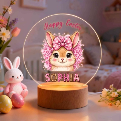Custom Name Leopard Cartoon Bunny LED Night Light, Acrylic Night Lamp with Wooden Base, Nursery Home Decor, Birthday/Easter Gift for Kids/Boys/Girls