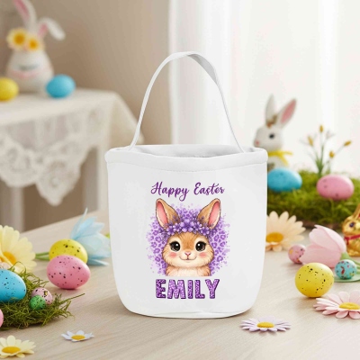 Personalized Name Leopard Cartoon Bunny Easter Basket, Easter Egg Hunt Bucket Bag, Large Capacity Canvas Goodie Bag, Easter Gift for Kids/Boys/Girls