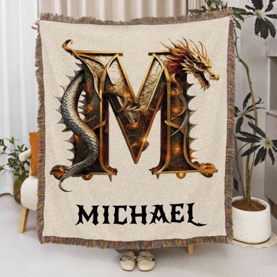 Personalized Name Dragon Alphabet Blanket with Tassels, Soft Flannel Throw for Bed Couch, Birthday/Anniversary Gift for Him/Kids/Fantasy Lovers