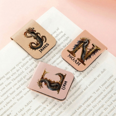Personalized Name Dragon Alphabet Leather Bookmark, Magnetic Bookmark Clip, Reading Accessory, Birthday/Anniversary Gift for Bookworms/Fantasy Lovers