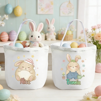 Custom Name Cartoon Professional Bunny Easter Basket, Easter Egg Hunt Bucket Bag, Large Capacity Canvas Goodie Bag, Easter Gift for Kids/Boys/Girls