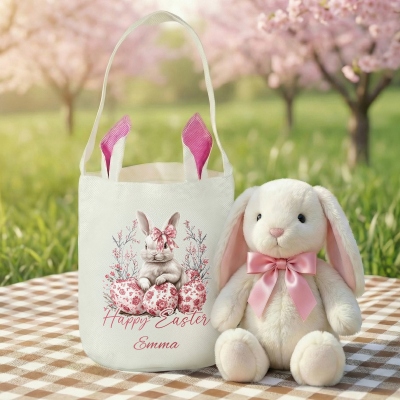 Personalized Name Toile de Jouy Floral Bow Bunny & Eggs Easter Basket, Cotton Linen Easter Bucket Bag with Bunny Ears, Easter Gift for Kids/Boys/Girls