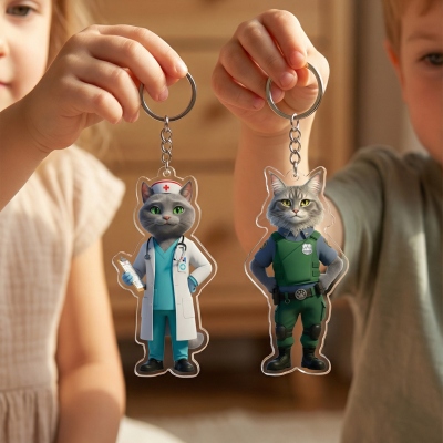 Personalized Pet Photo Cartoon Keychain, Custom Cat/Dog as Career Character Keyring, Cute Companion Bag Charm, Meaningful Gift for Pet Lovers/Owners