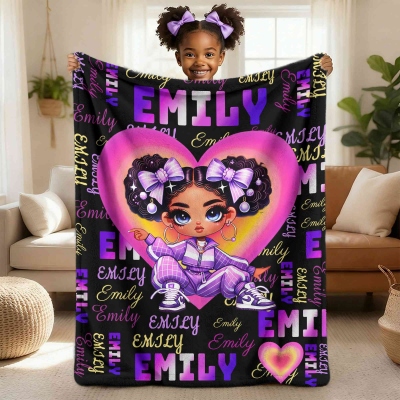 Personalized Neon Word Cloud Heart Afro Girl Blanket with Name, Flannel/Sherpa Throw for Bed Couch, Back to School/Birthday Gift for Black Girls