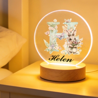 Custom Name Floral Bunny Alphabet LED Night Light, Acrylic Night Lamp with Wooden Base, Nursery Home Decor, Birthday/Easter Gift for Kids/Boys/Girls