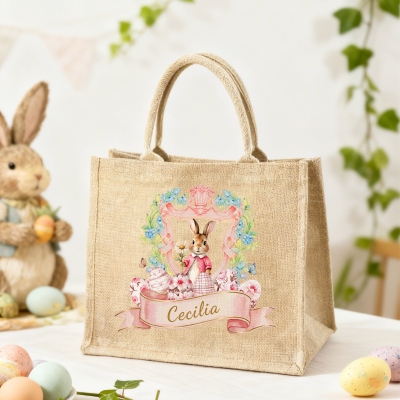 Personalisierte Jutetasche mit Aquarell-Blumenrahmen und Hasenmotiv, großes Fassungsvermögen, ideal für die Ostereiersuche, als Gastgeschenk oder Ostergeschenk für Kinder und Frauen
