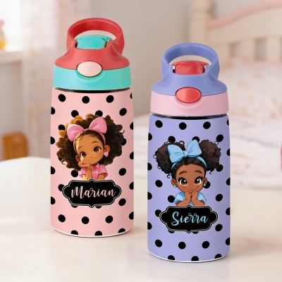 Custom Name Polka Dots Cartoon Black Girl Water Bottle, 12oz/16oz Tumbler with Straw & Lid, Back to School/Birthday Gift for African American Girls