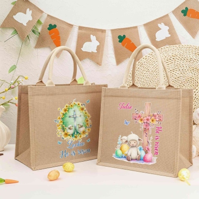 Custom Name Cross Easter Eggs Sheep Design He Is Risen Tote Bag, Large Capacity Easter Egg Hunt Jute Bag, Easter Party Favor, Easter Gift for Kids