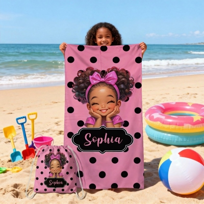 Custom Name Cartoon Black Girl Polka Dots Beach Towel with Rope, Quick Dry 2-in-1 Foldable Bath Towel Bag, Gift for African American Little Girls